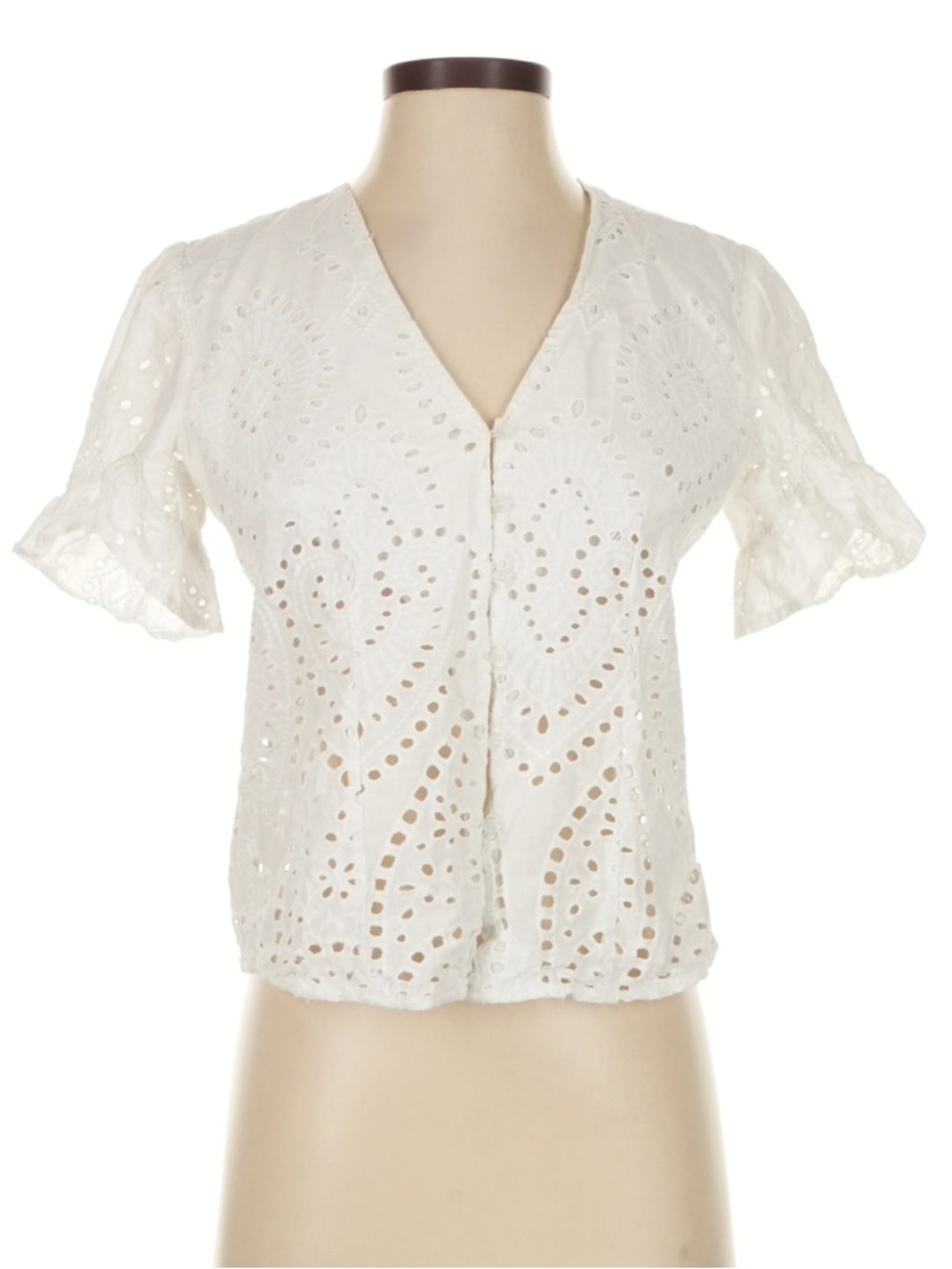 Adiva White Eyelet V-Neck Short Sleeve Blouse